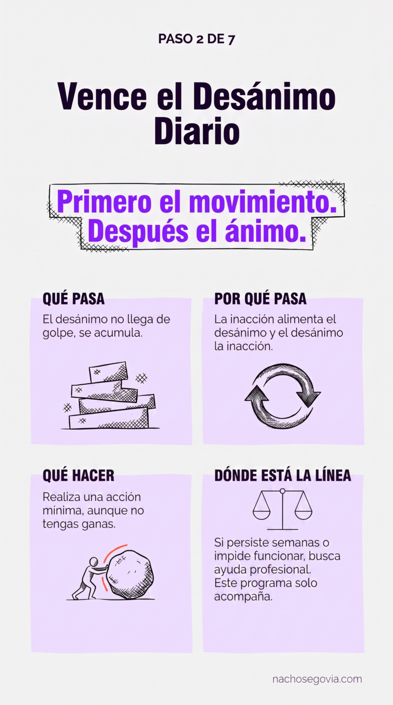 Paso 2 — Vence el Desánimo Diario: infografía del programa 7 Pasos para Dejar el Pesimismo, de Nacho Segovia