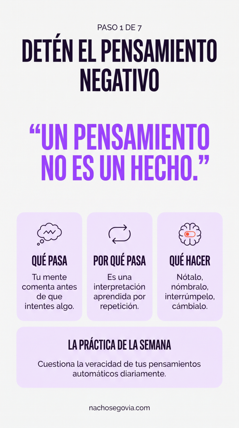 Paso 1 — Detén el Pensamiento Negativo: infografía del programa 7 Pasos para Dejar el Pesimismo, de Nacho Segovia
