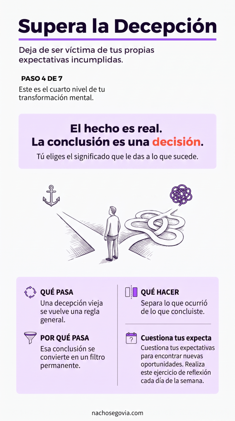 Paso 4 — Supera la Decepción: infografía del programa 7 Pasos para Dejar el Pesimismo, de Nacho Segovia