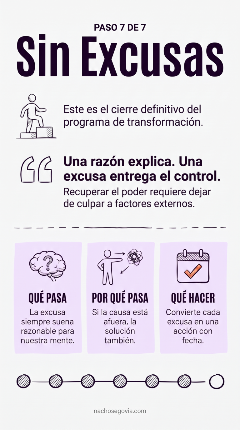 Paso 7 — Sin Excusas: infografía del programa 7 Pasos para Dejar el Pesimismo, de Nacho Segovia