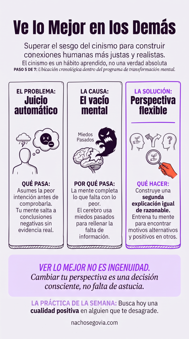 Paso 5 — Ve lo Mejor en los Demás: infografía del programa 7 Pasos para Dejar el Pesimismo, de Nacho Segovia