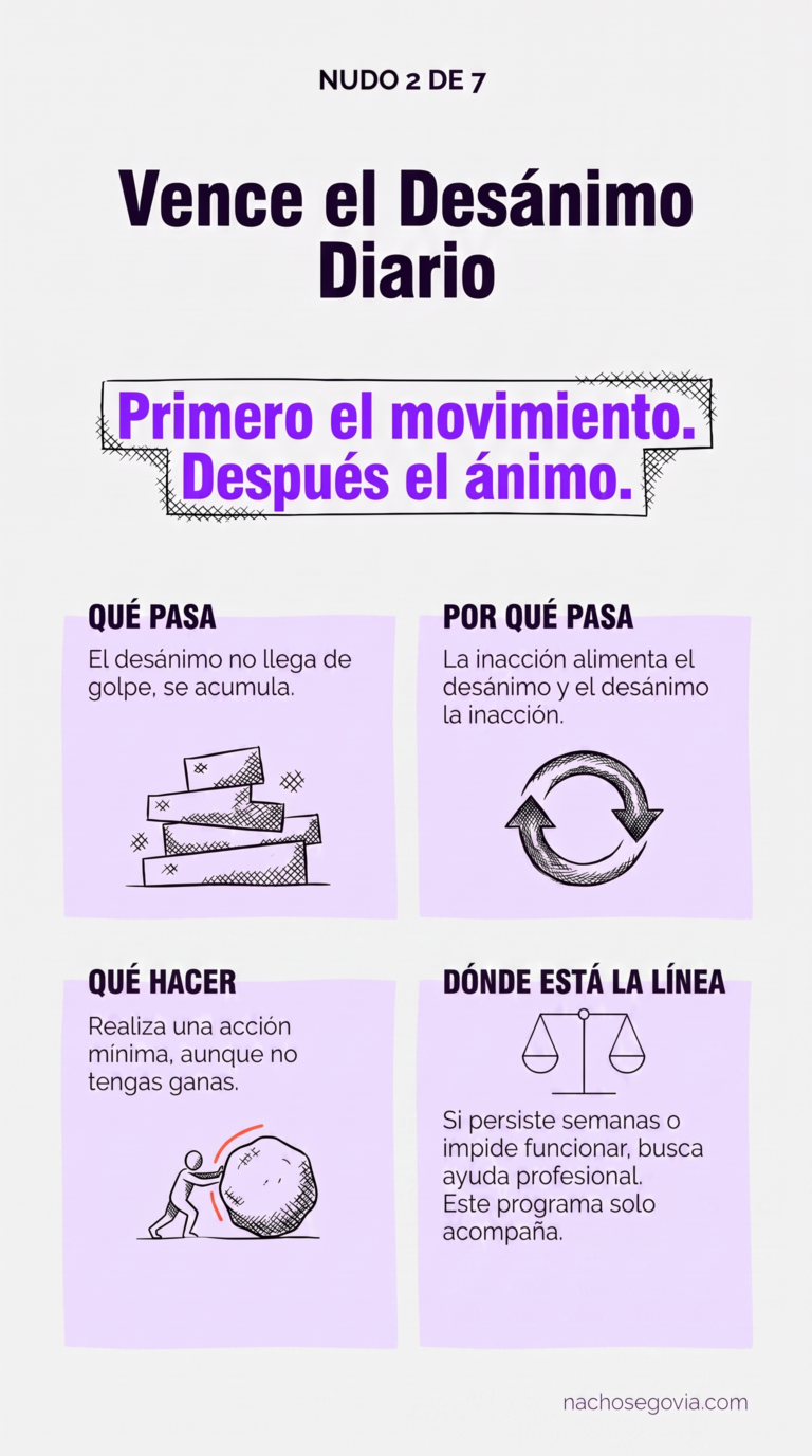 Nudo 2 — Vence el Desánimo Diario: infografía del programa 7 nudos que se desatan, de Nacho Segovia